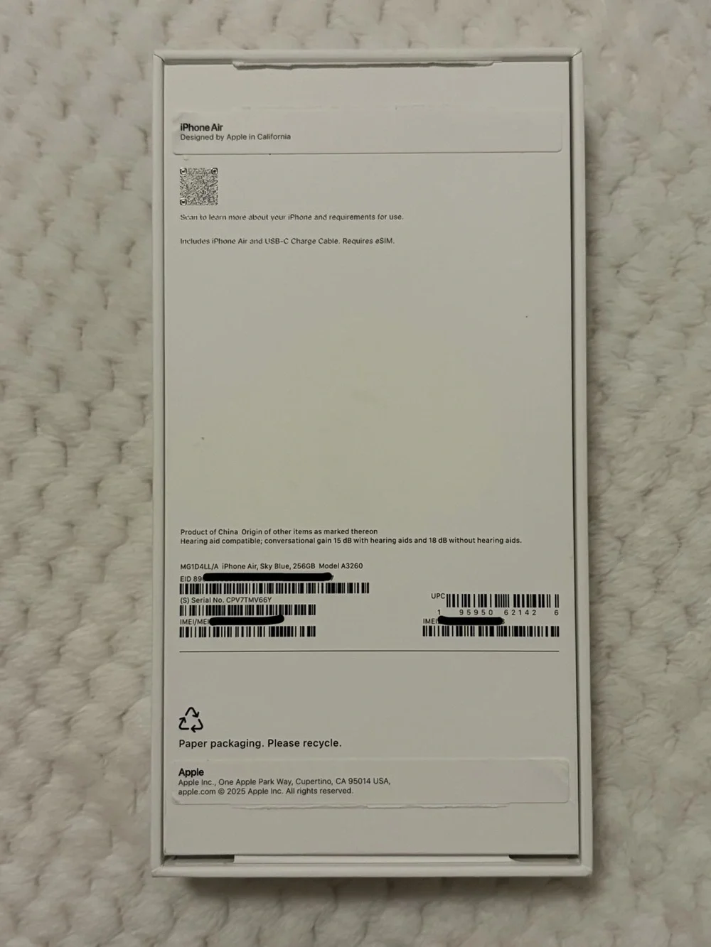 EMPTY BOX for Apple iPhone Air, Sky Blue, 256GB Model A3260